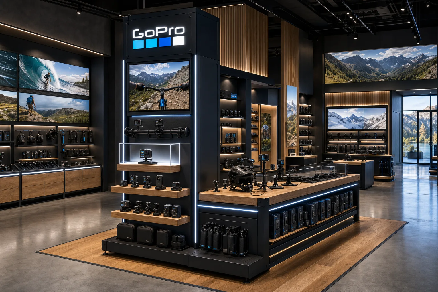 GoPro 木质中心体验台和运动影像展具概念