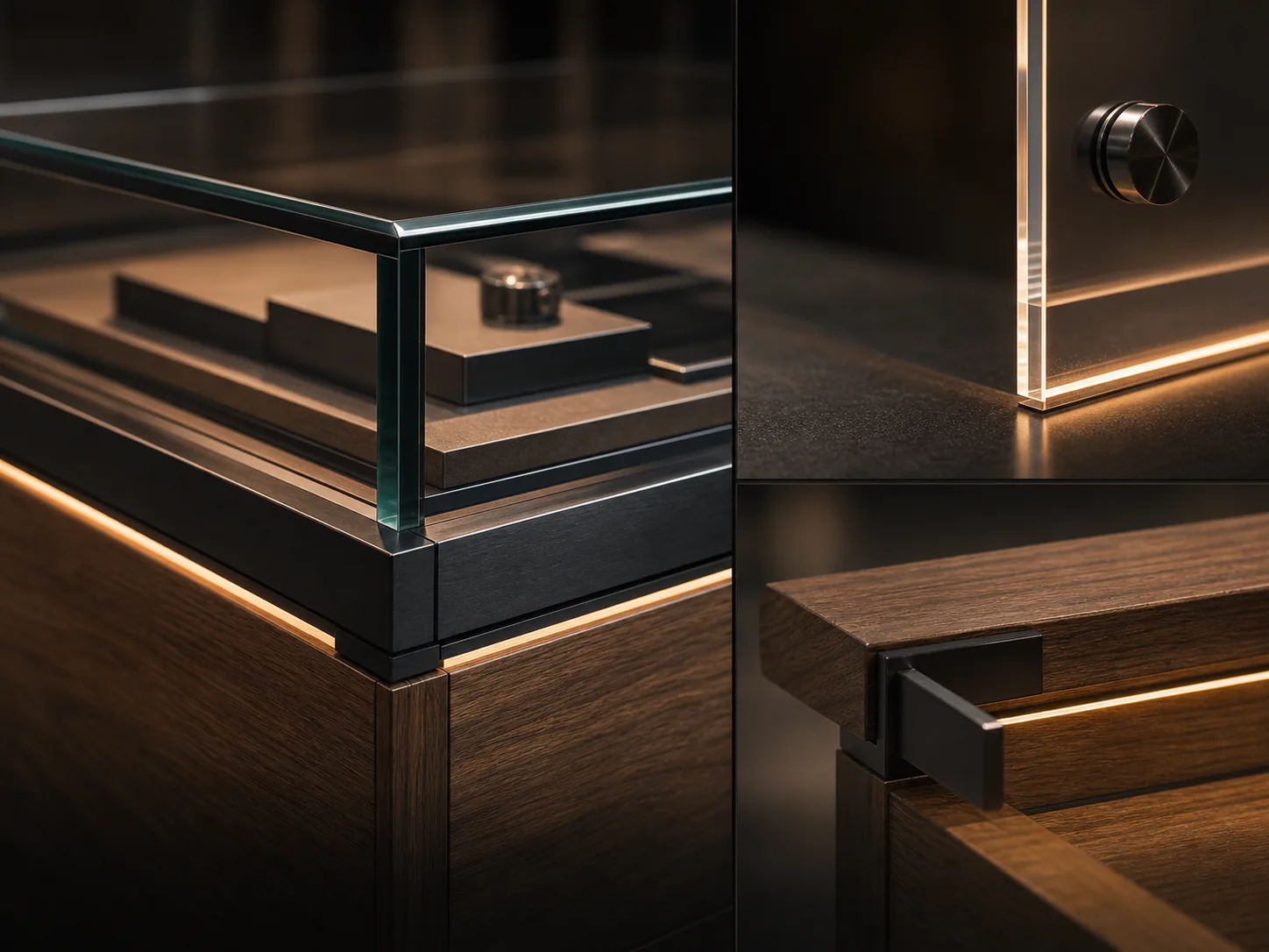 Premium display fixture detail panels showing glass edge, acrylic lighting, black metal hardware, walnut veneer and finished edges