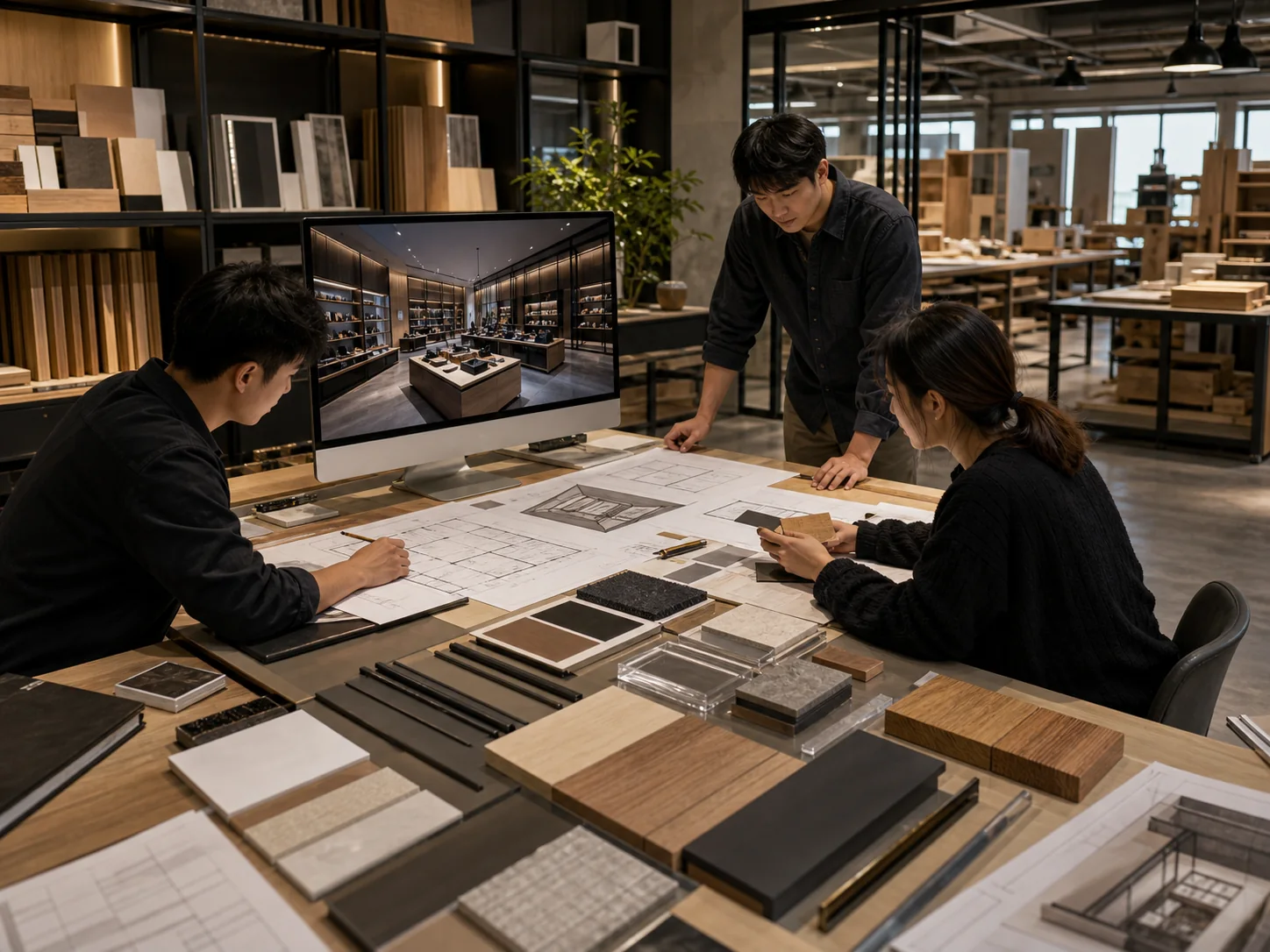 Small retail display team reviewing concept design, store visualization and material samples