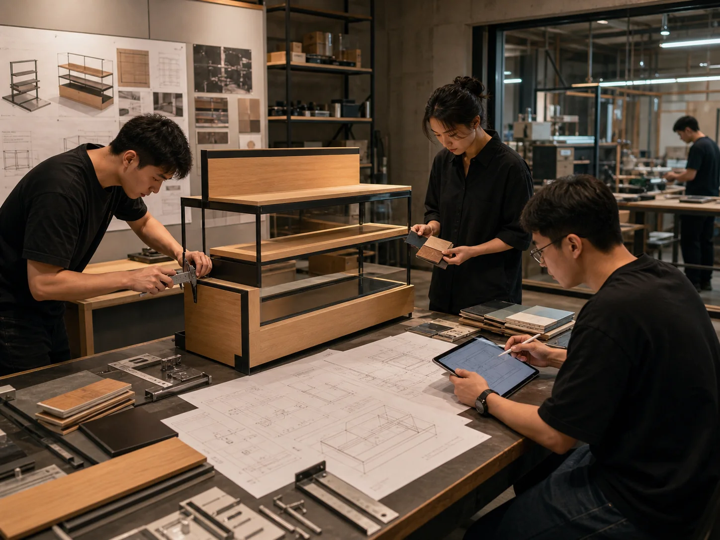 Retail fixture engineering team checking production drawings, structure and finish samples
