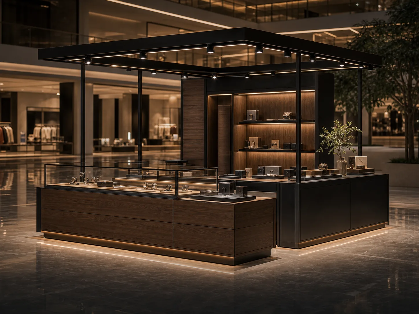 Luxury modular mall pop-up store island with canopy lighting, glass display counters, black metal trim and warm wood panels