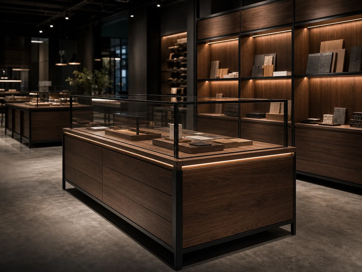 Premium walnut retail display island with glass case, black metal frame, LED lighting and material samples