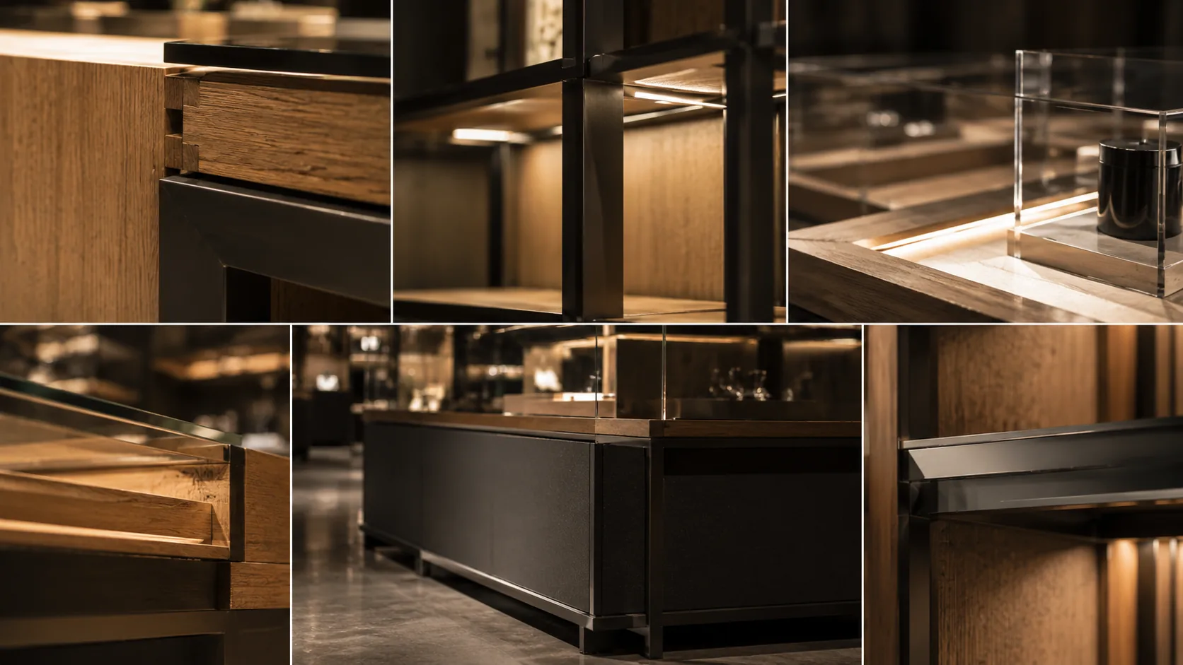 Retail fixture material details showing edges, lighting, trims and acrylic holders