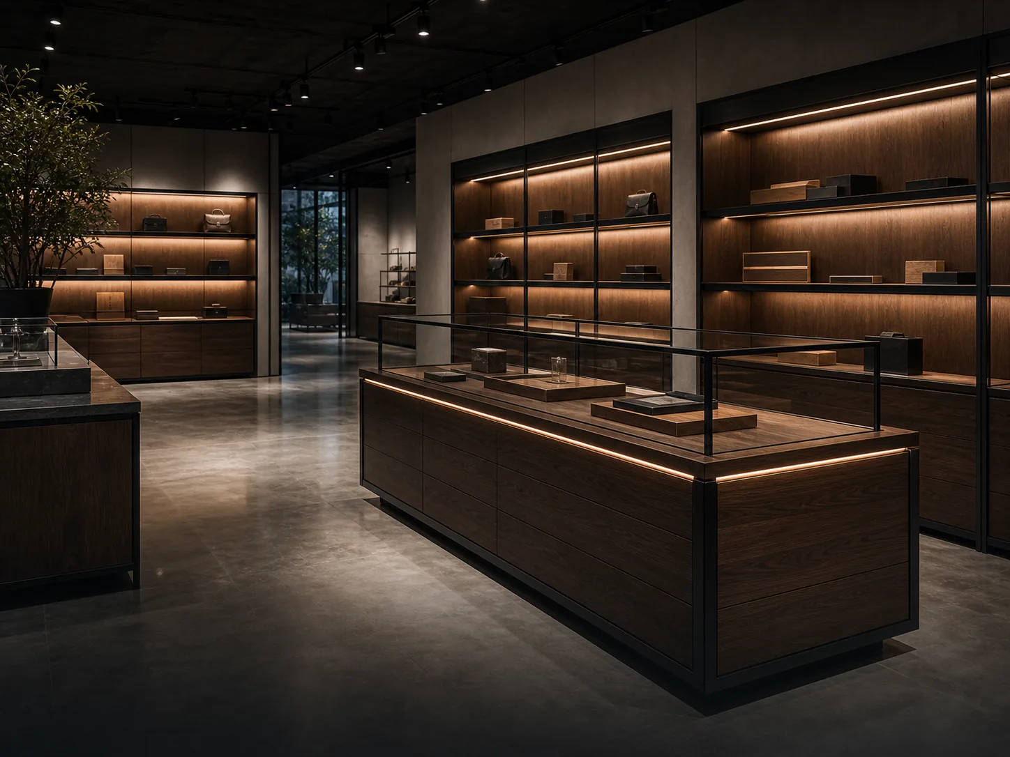 Spacious premium retail display system with wall bays, central island counter, glass cases, wood panels and warm LED lighting